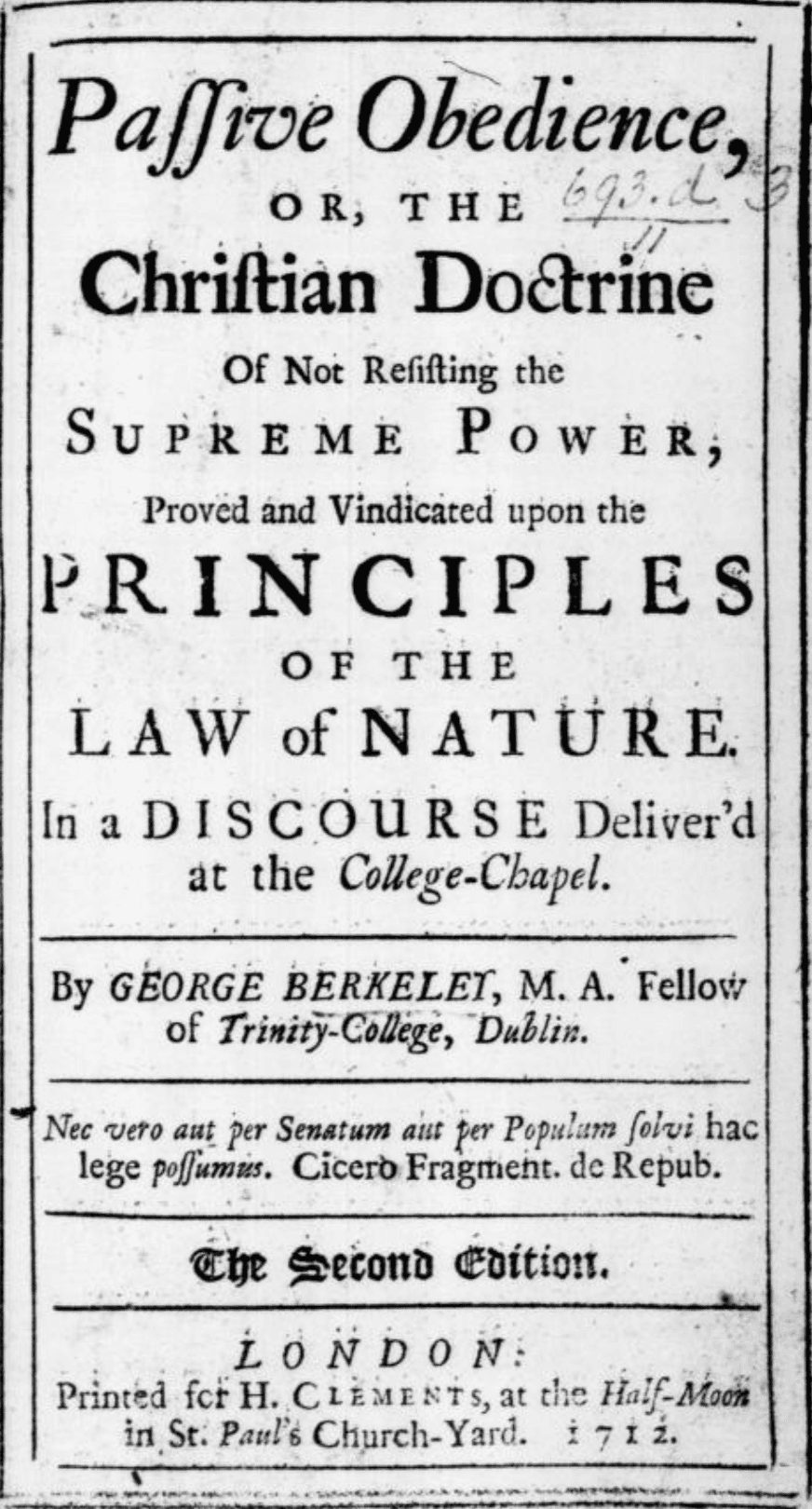 Дж. Беркли. Пассивное повиновение. Лондон, 1712. Титульный лист
G. Berkeley. Passive Obedience. London, 1712. Title page